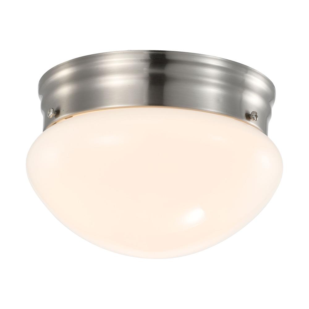 12 Watt; 7 inch; LED Flush Mount Fixture; 3000K; Dimmable; Brushed Nickel; Frosted Glass