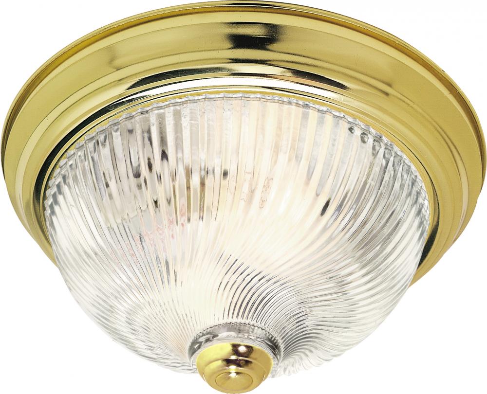 2 Light - 13" Flush with Clear Ribbed Swirl Glass - Polished Brass Finish